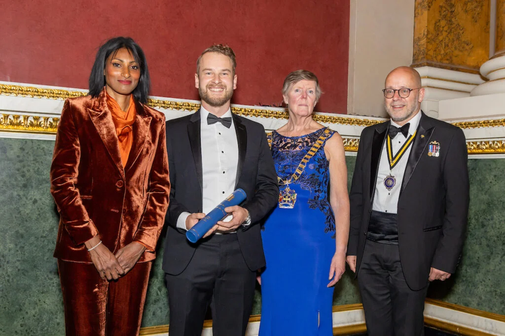David receiving his Award from Dr Shini Somara with Master Engineer Eur Ing Penny Taylor, JP and Clerk Cdr Peter Gracey VR RN [photo courtesy of Mark Witter Photography] 